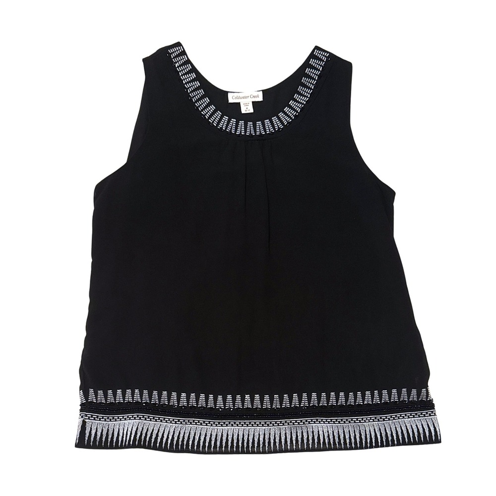 Coldwater Creek Womens Medium Black Silver Beaded Fringe Sleeveless Blouse Top
